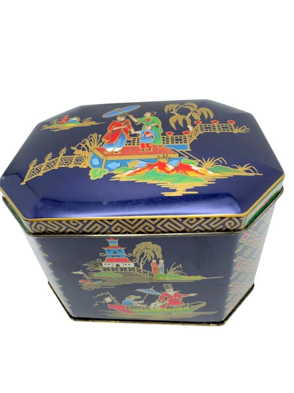 Vintage Daher Decorated Tin Box Hexagonal Blue Gold Asian Scene England 5.25"